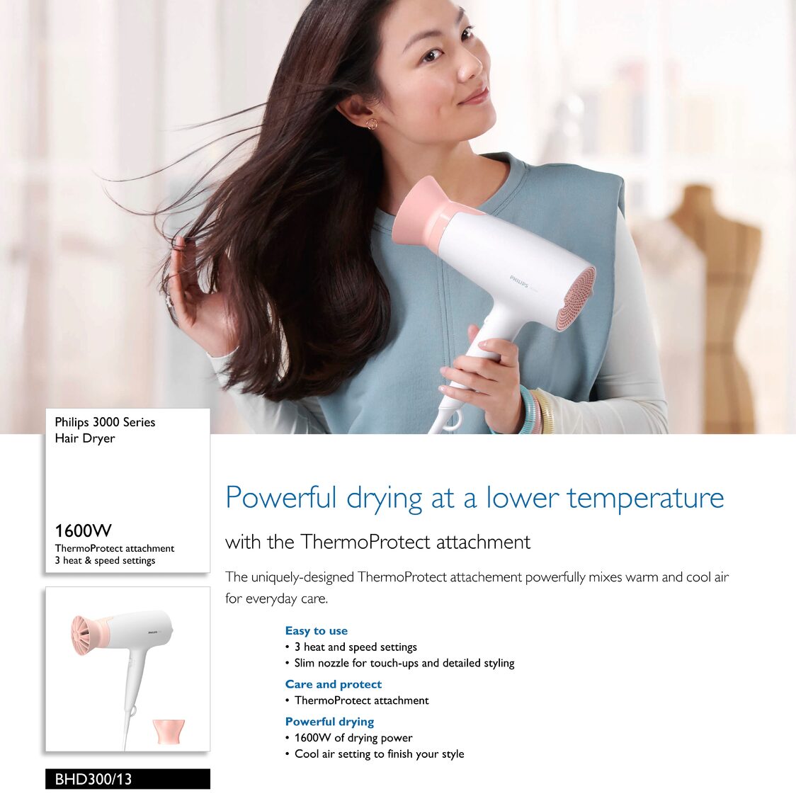 Philips 3000 Series Hair Dryer 1600W, White (BHD300/13)