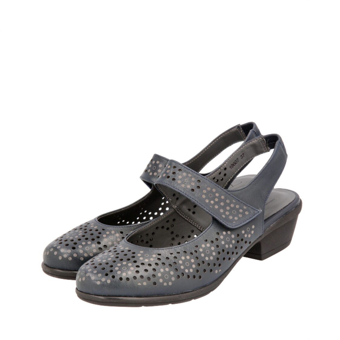 Barani 19607 Navy Leather Heeled Sandals (Short, Perforated)
