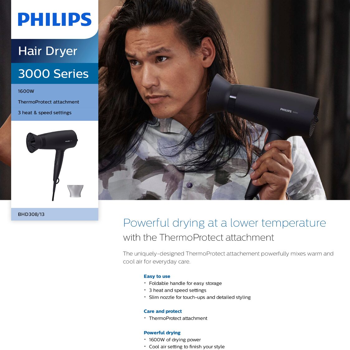 Philips 3000 Series Hair Dryer 1600W, Black (BHD308/13)