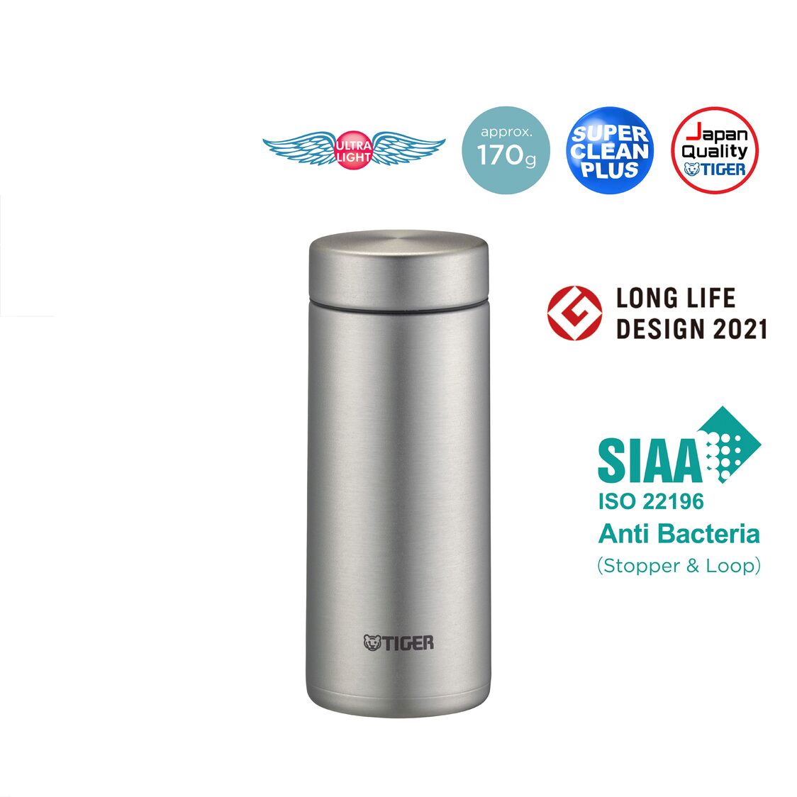 Tiger Anti-Bacteria Double Stainless Steel Thermal Mug 350ml - Matte Stainless (MMZ-K035 XM)