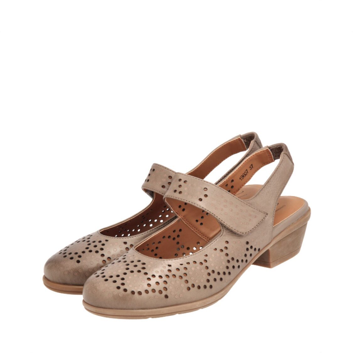 Barani 19607 Khaki Leather Heeled Sandals (Short, Perforated)