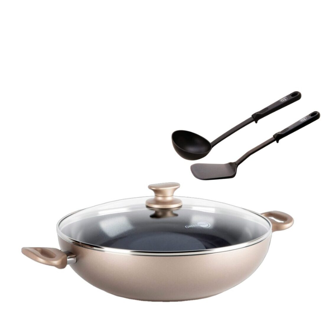 Greenpan Camb Bronze 36cm Ceramic Covered Wok (GPCBR675983) + Free Spatula & Ladle Set (Worth $29.90) (GPGC010734)