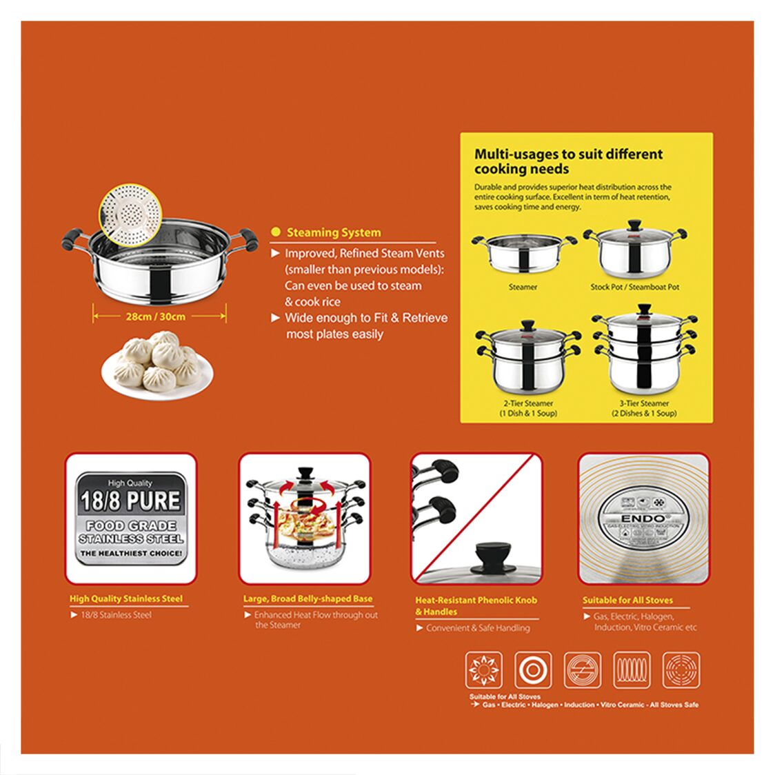 Endo Stainless Steel Steamer 28cm 2 - Tier (E - S282T) - Metro Singapore Departmental Store - Celebrating 69 Years in SG