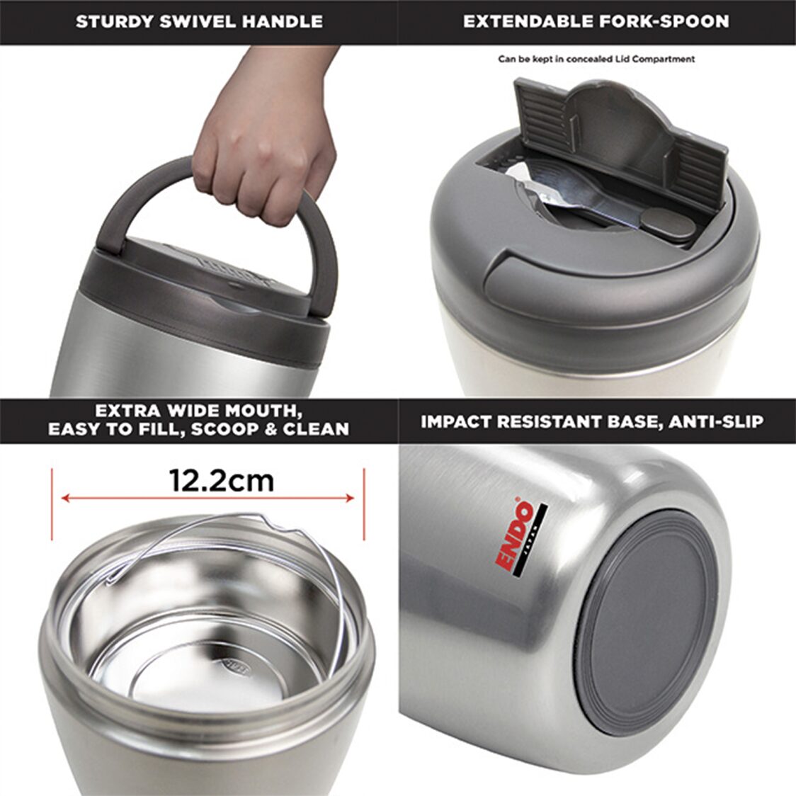 Endo Double Stainless Steel Thermal Food Carrier 1L (CX-4011)