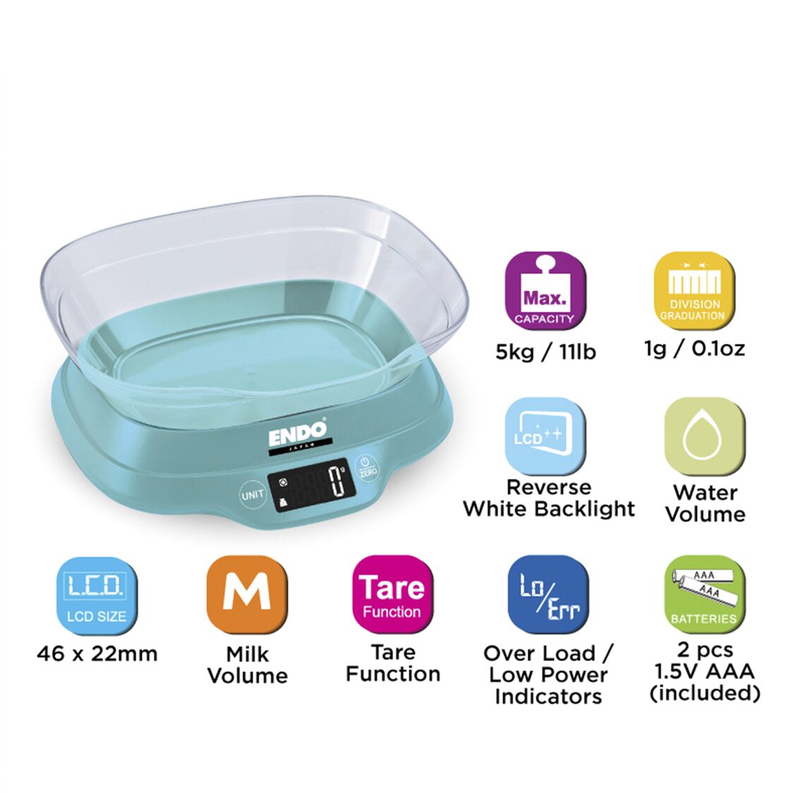 Endo High-Precision Digital Kitchen Scale - 5kg (E-DKS2160)