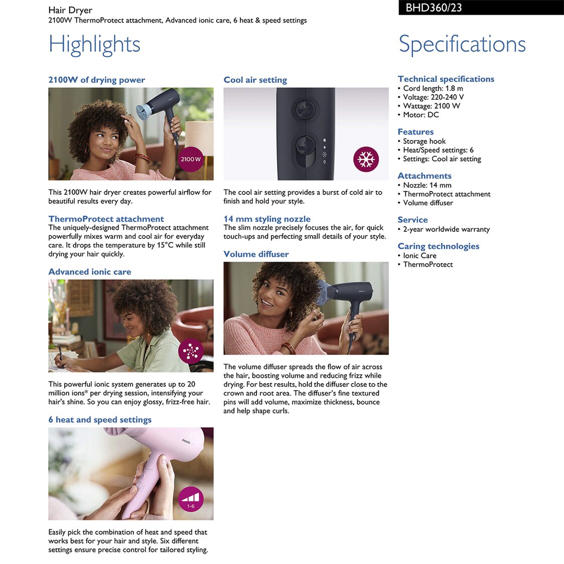 Philips 3000 Series ThermoProtect Hair Dryer with Ionic Care & Diffuser 2100W (BHD360/23)