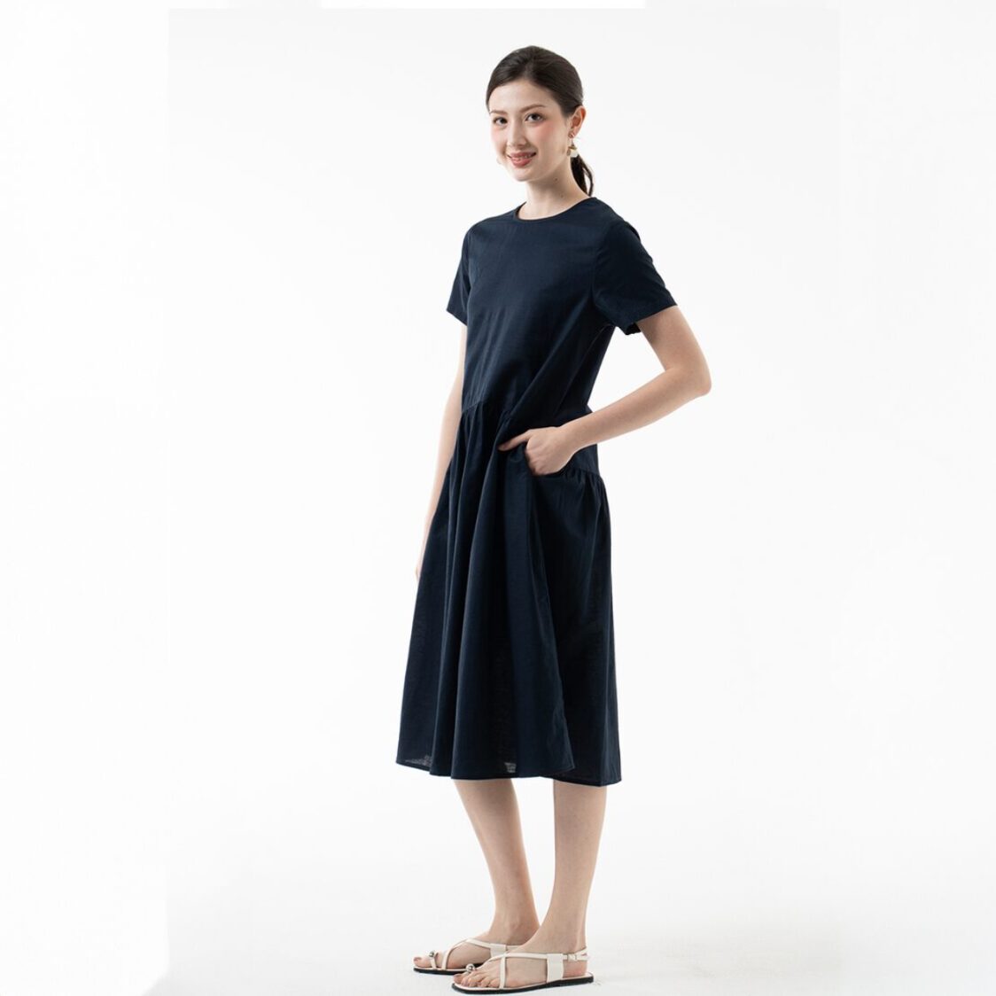 K/Woods Effortless Gathered Midi Dress in Midnight Blue