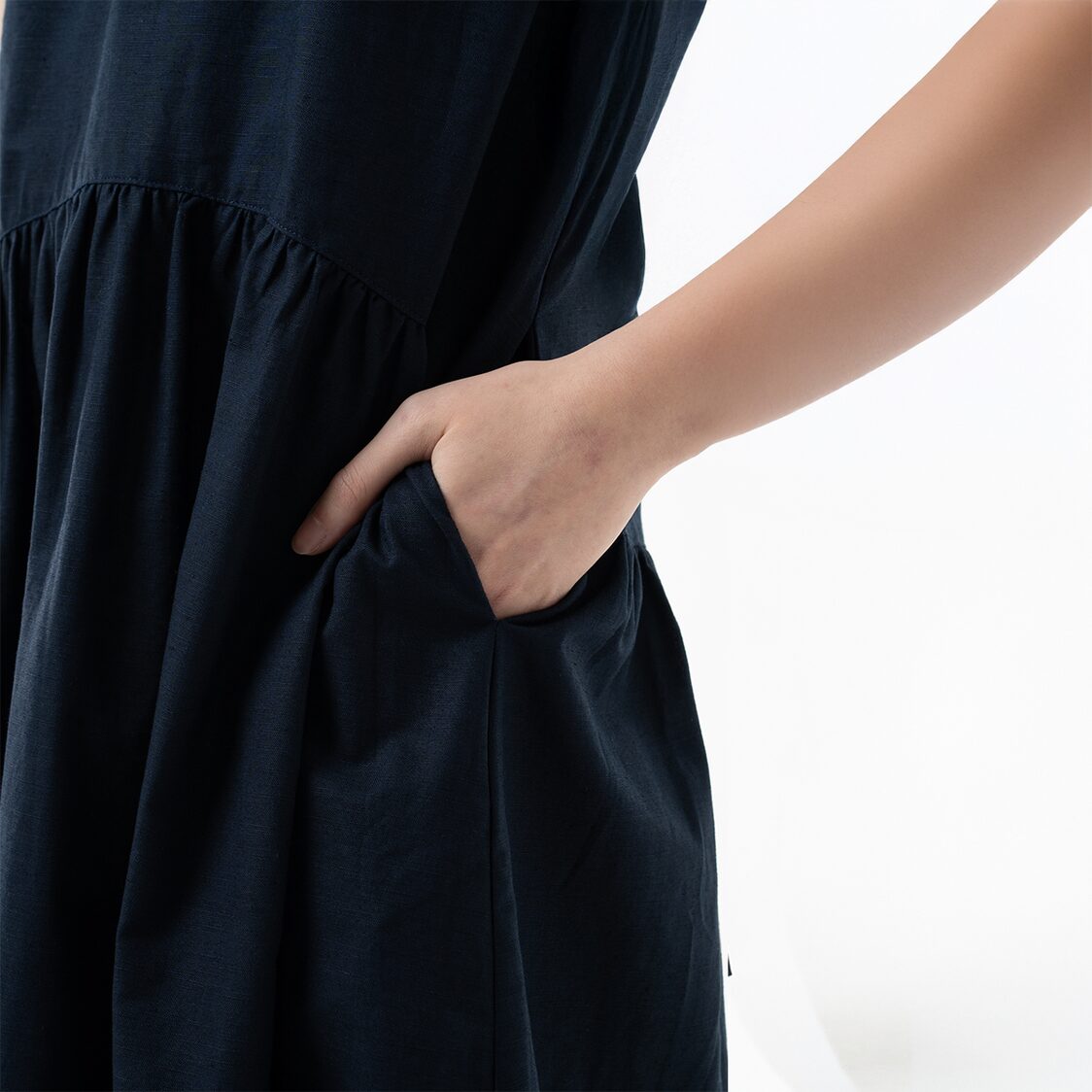 K/Woods Effortless Gathered Midi Dress in Midnight Blue