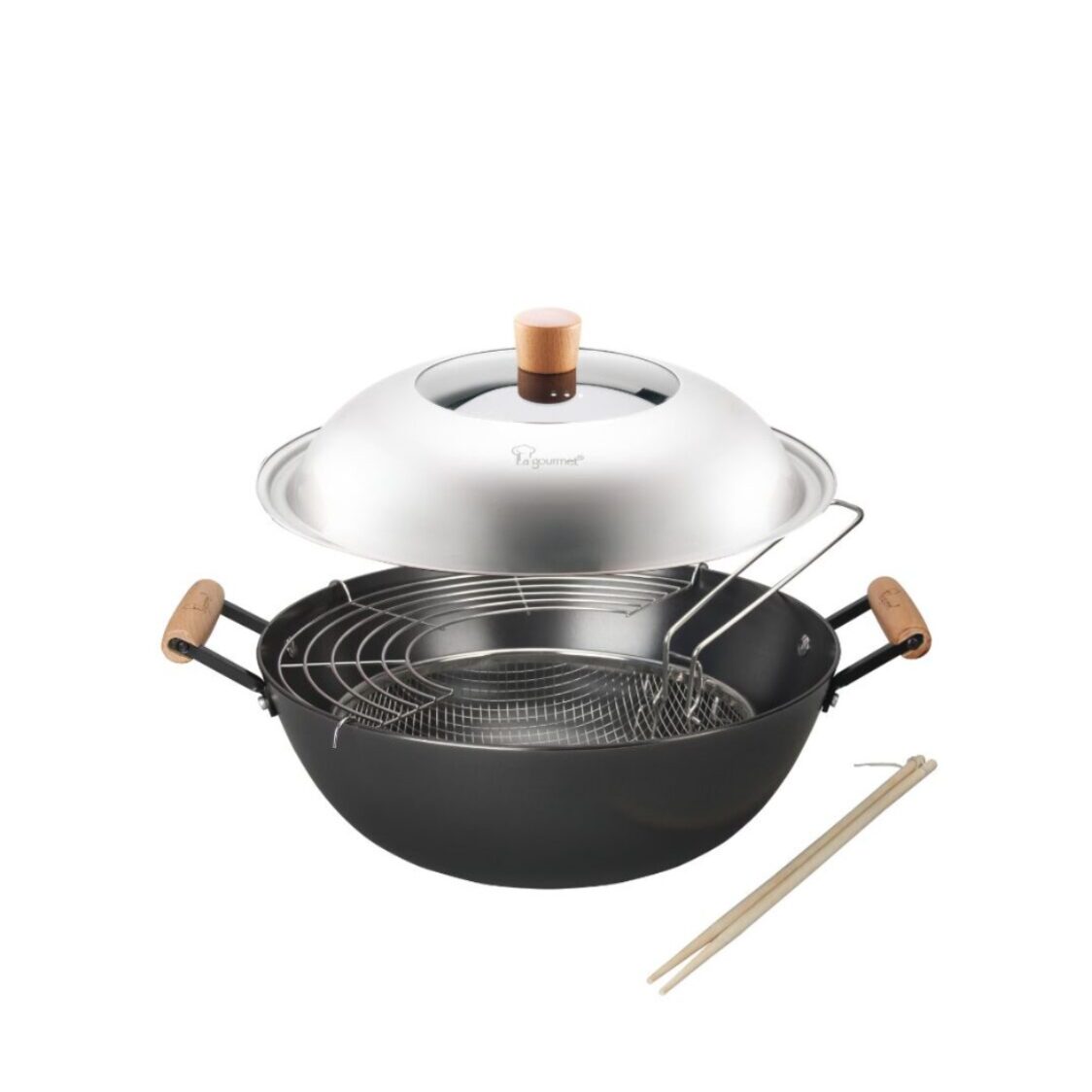 La Gourmet 34cm Nitrigan Cast-iron Wok (High Wall) - With Cover & Accessories Set