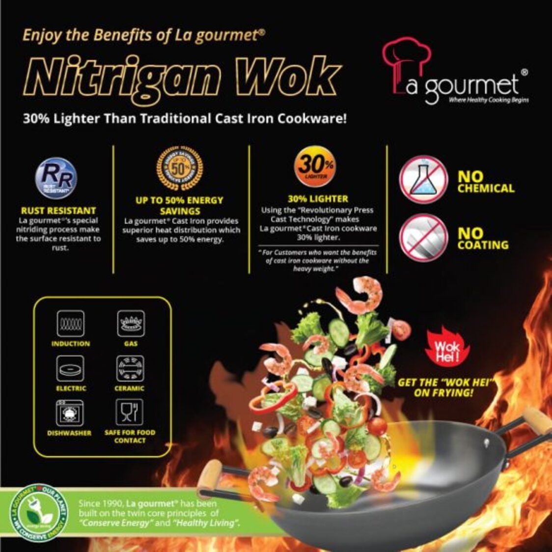 La Gourmet 34cm Nitrigan Cast-iron Wok (High Wall) - With Cover & Accessories Set