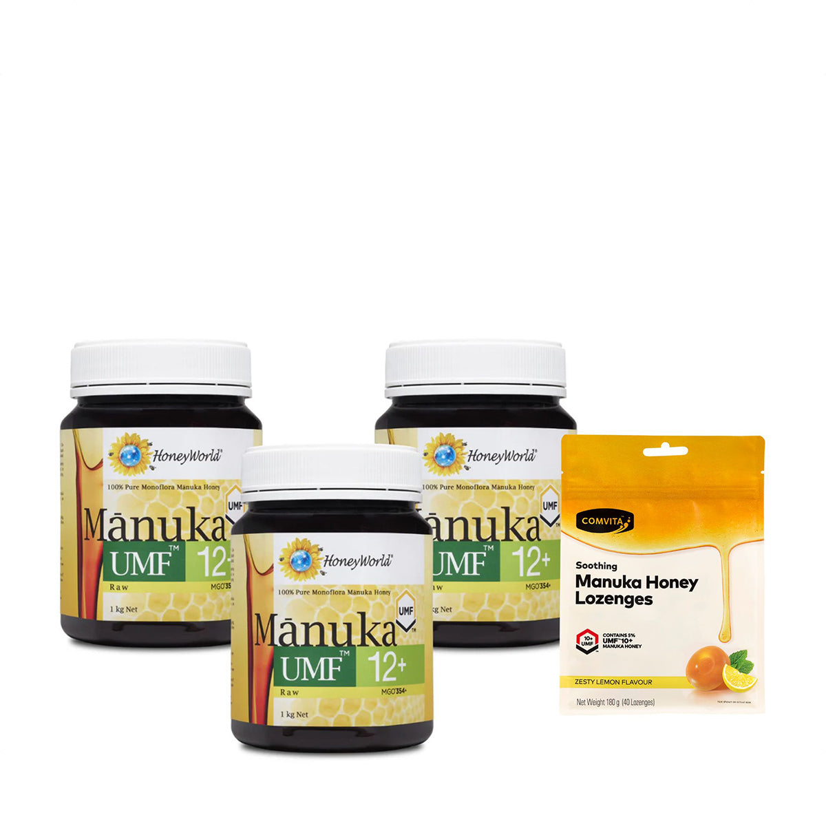 Honeyworld Raw Manuka Honey UMF12+ 1KG (3 Bottles) - FREE Manuka Honey Lozenges 40s worth $28.90