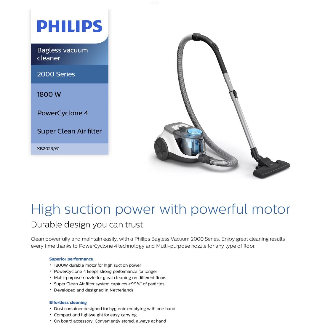 Philips 2000 Series Bagless Vacuum Cleaner 1800W (XB2023/61)