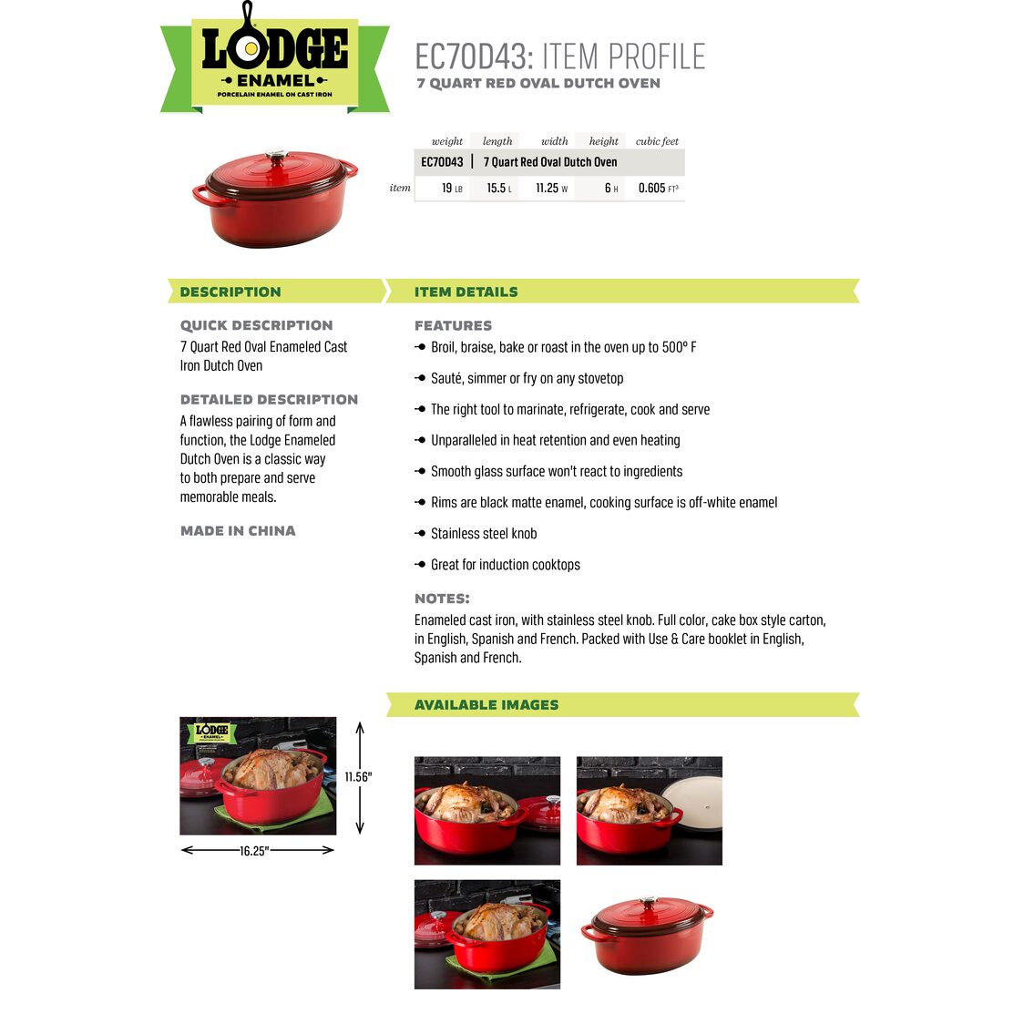 Lodge 7 Quart Oval Red Enameled Cast Iron Dutch Oven