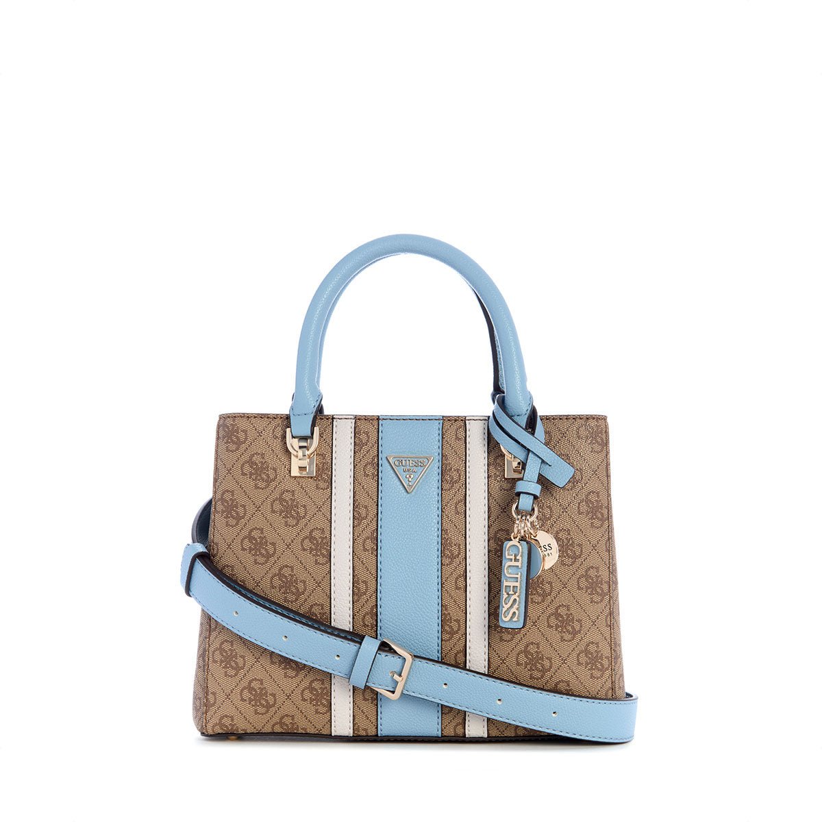 Guess Noelle II Sml Multi Comp Satchel - Latte Logo/Light Blue - Metro Singapore Departmental Store - Celebrating 69 Years in SG