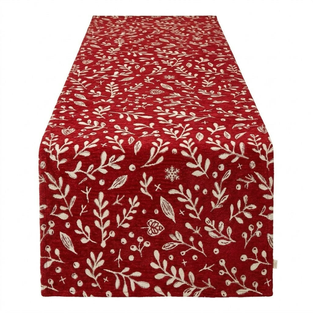 Rapee Joy Hollyberry Woven on Red Chenille Table Runner with Straight Ends – 33 x 180 cm – Red