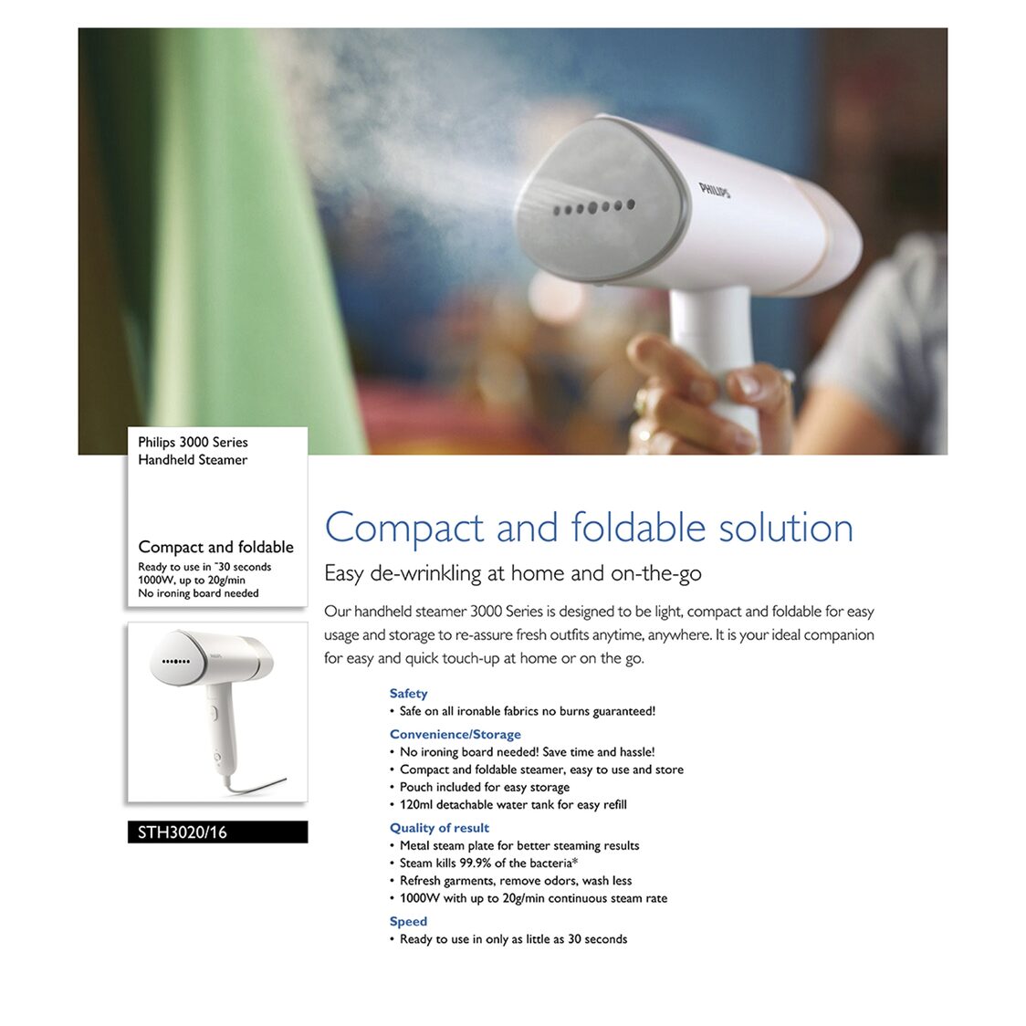 Philips 3000 Series Handheld Steamer 1000W (STH3020/16) - Metro Singapore Departmental Store - Celebrating 69 Years in SG