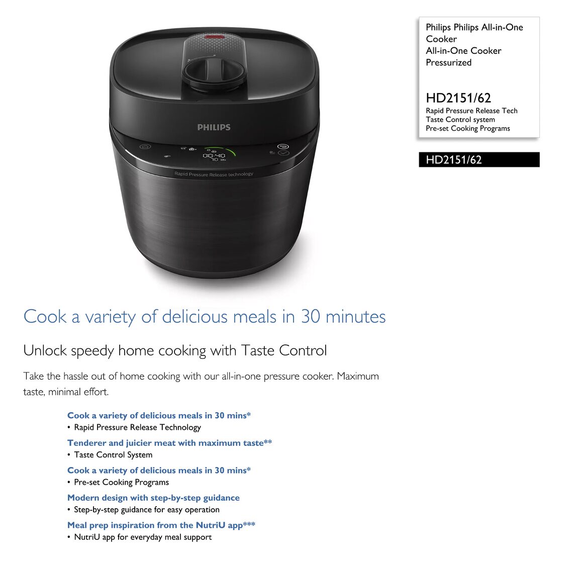 Philips All - In - One Cooker Pressurized 5L 1000W (HD2151/62) - Metro Singapore Departmental Store - Celebrating 69 Years in SG