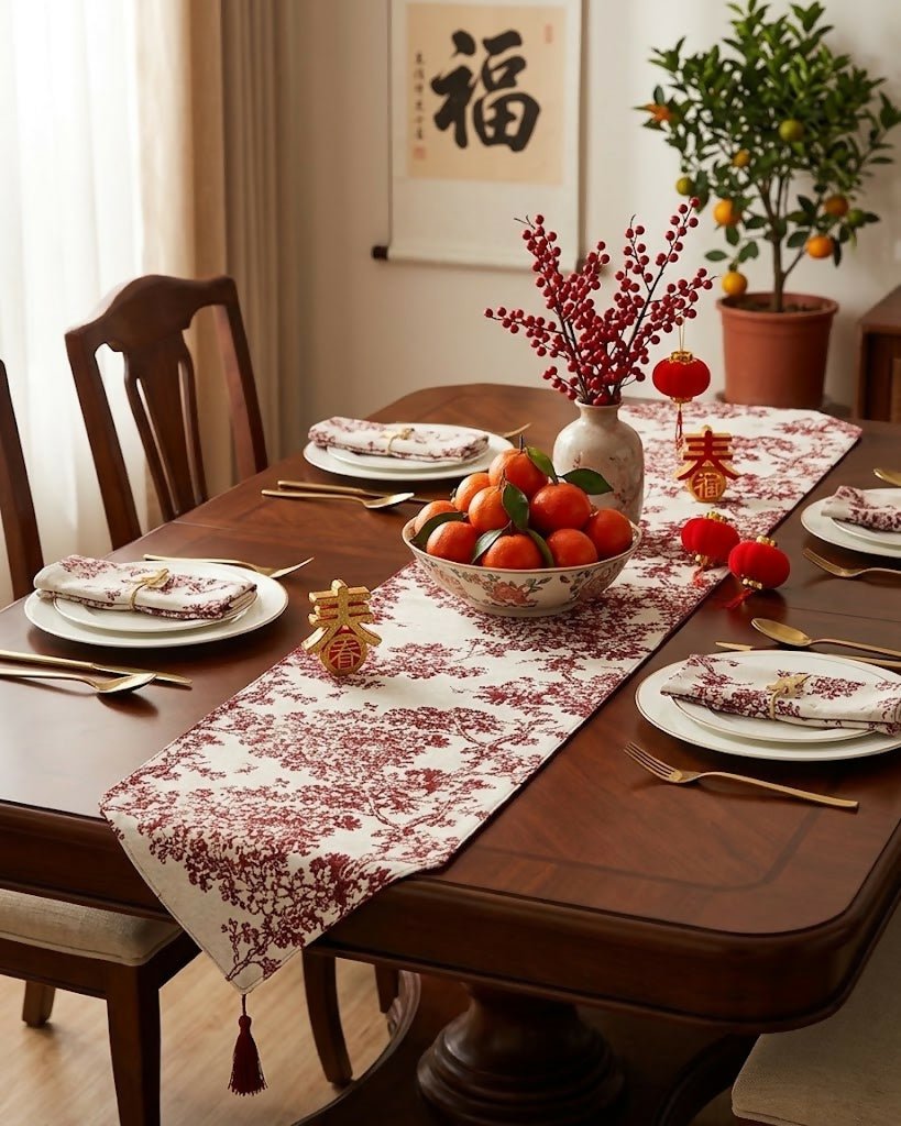 Rapee Bristol Toile-Inspired Woven Chenille Table Runner with Tassel – 33 x 180 cm – Red - Metro Singapore Departmental Store - Celebrating 69 Years in SG