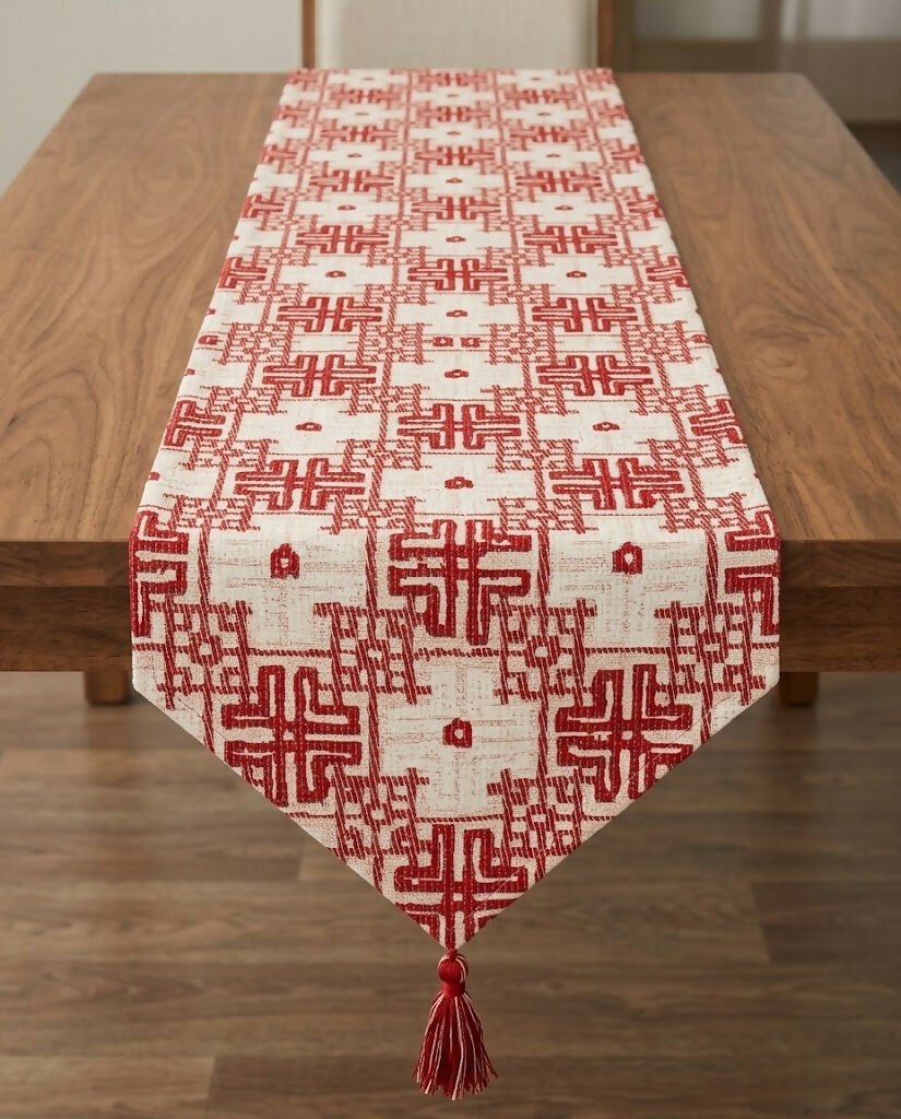 Rapee Orient Chinoiserie Woven Jacquard Table Runner with Tassel – 33 x 180 cm – Red - Metro Singapore Departmental Store - Celebrating 69 Years in SG