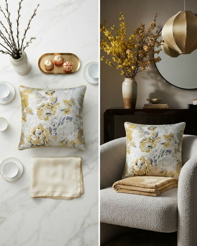Rapee Peony Woven Jacquard Cushion Cover – 45 x 45 cm – Yellow - Metro Singapore Departmental Store - Celebrating 69 Years in SG