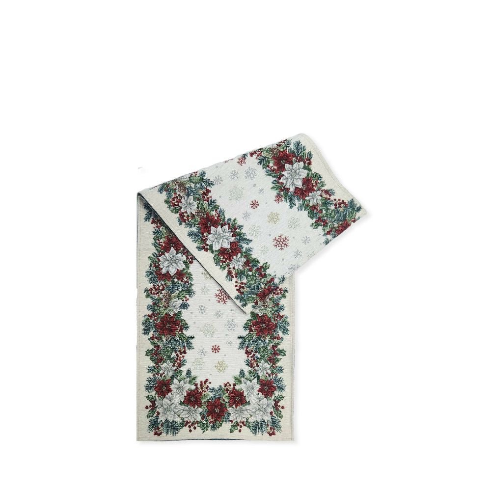 Rapee Poinsettia Border Design Woven on Natural Chenille Table Runner with Straight Ends – 33 x 180 cm – Natural - Metro Singapore Departmental Store - Celebrating 69 Years in SG
