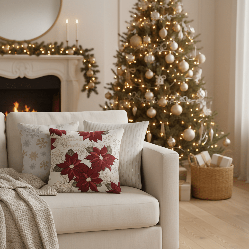 Rapee Poinsettia Cushion Cover | Double - sided Chenielle - 45 x 45 cm, Natural - Metro Singapore Departmental Store - Celebrating 69 Years in SG