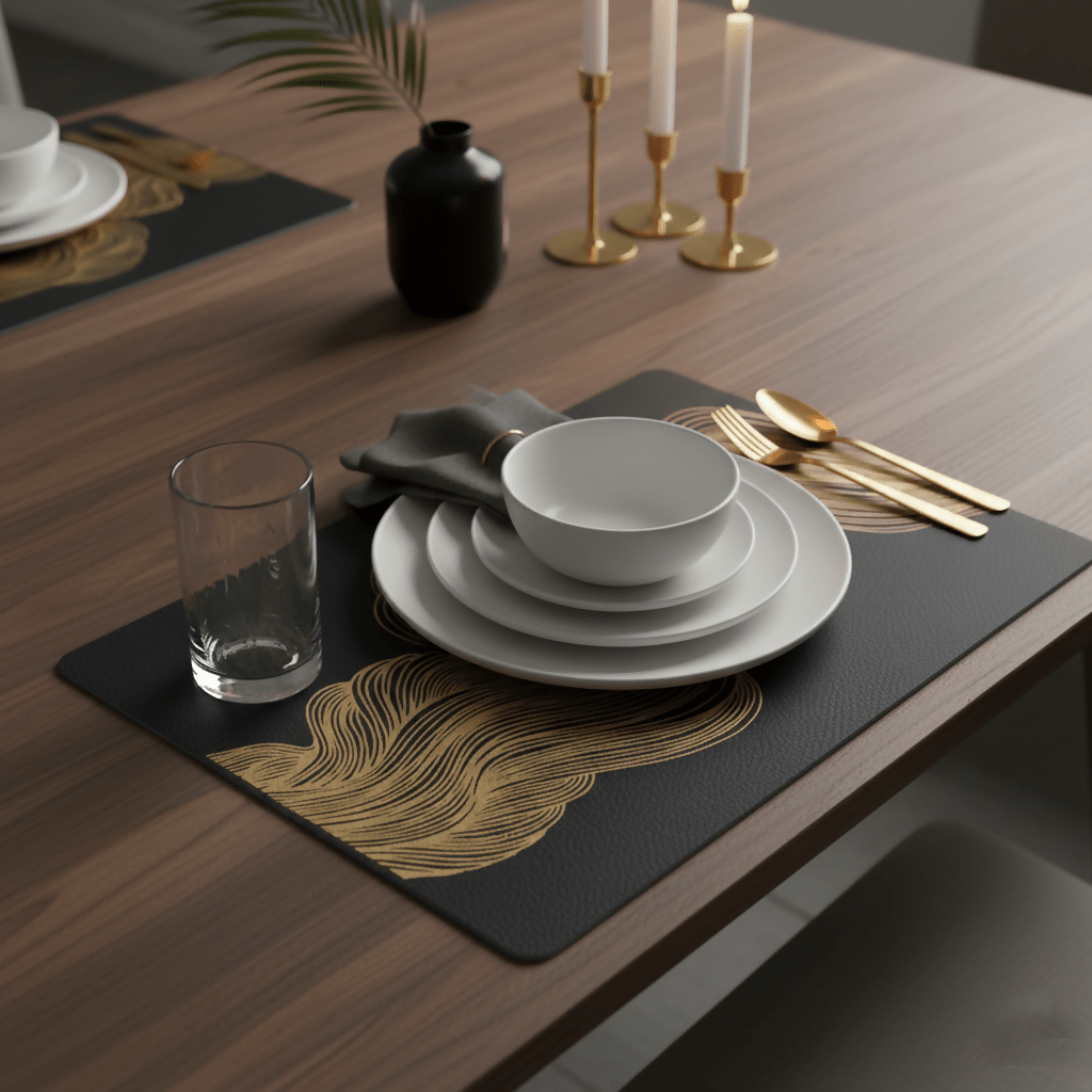 Rapee Wave Placemat | Gold Print PU - 30 x 45 cm, Black - Metro Singapore Departmental Store - Celebrating 69 Years in SG