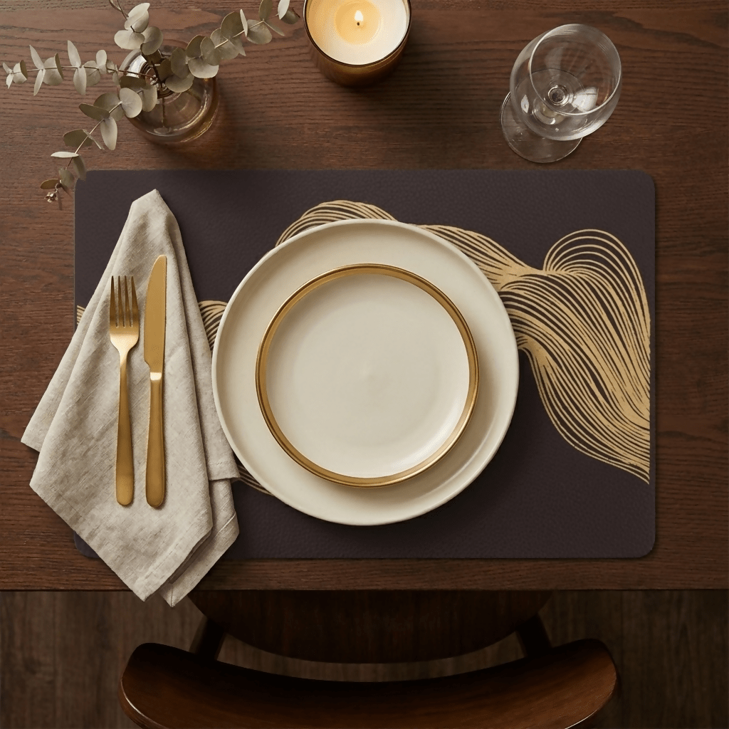 Rapee Wave Placemat | Gold Print PU - 30 x 45 cm, Brown - Metro Singapore Departmental Store - Celebrating 69 Years in SG