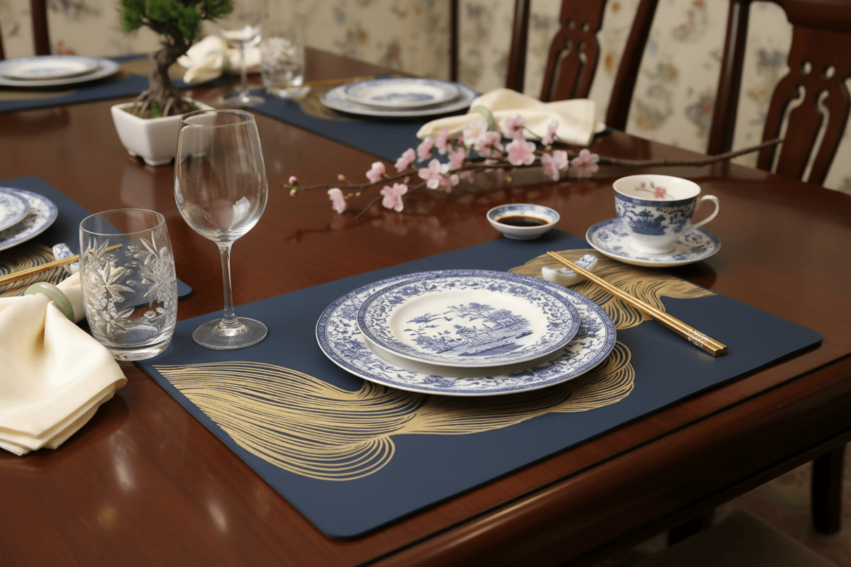 Rapee Wave Placemat | Gold Print PU - 30 x 45 cm, Teal - Metro Singapore Departmental Store - Celebrating 69 Years in SG