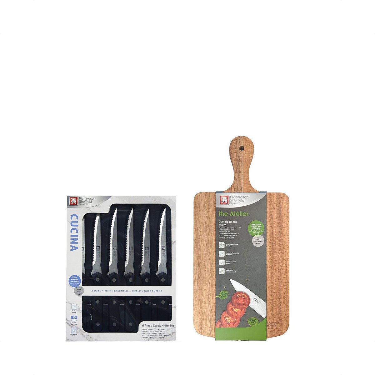 Richardson Sheffield Cucina 6pc Steak Knife + Acacia Paddle Cutting Board Set (CU040 + ACB - PADDLE - 38) - Metro Singapore Departmental Store - Celebrating 69 Years in SG