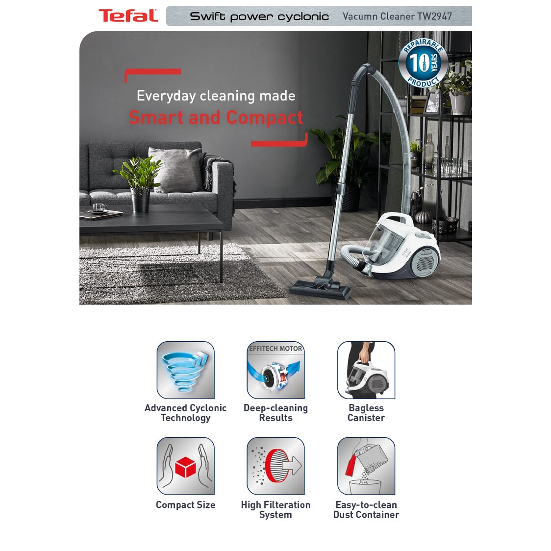 Tefal Swift Power Cyclonic Vacuum Cleaner 750W TW2947 - Metro Singapore Departmental Store - Celebrating 69 Years in SG