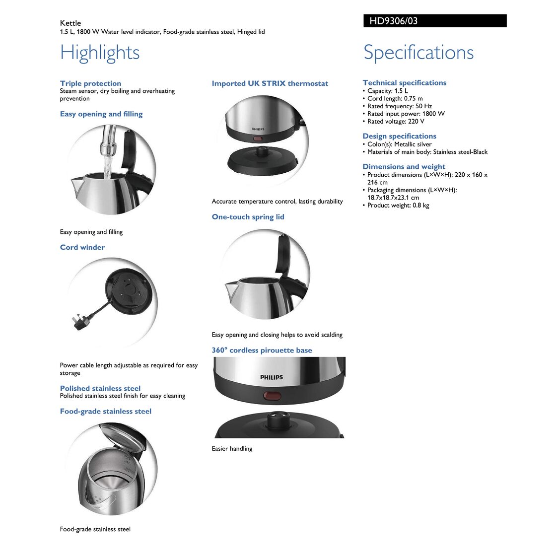 Philips Daily Collection Stainless Steel Kettle 1.5L,1800W (HD9306/03)