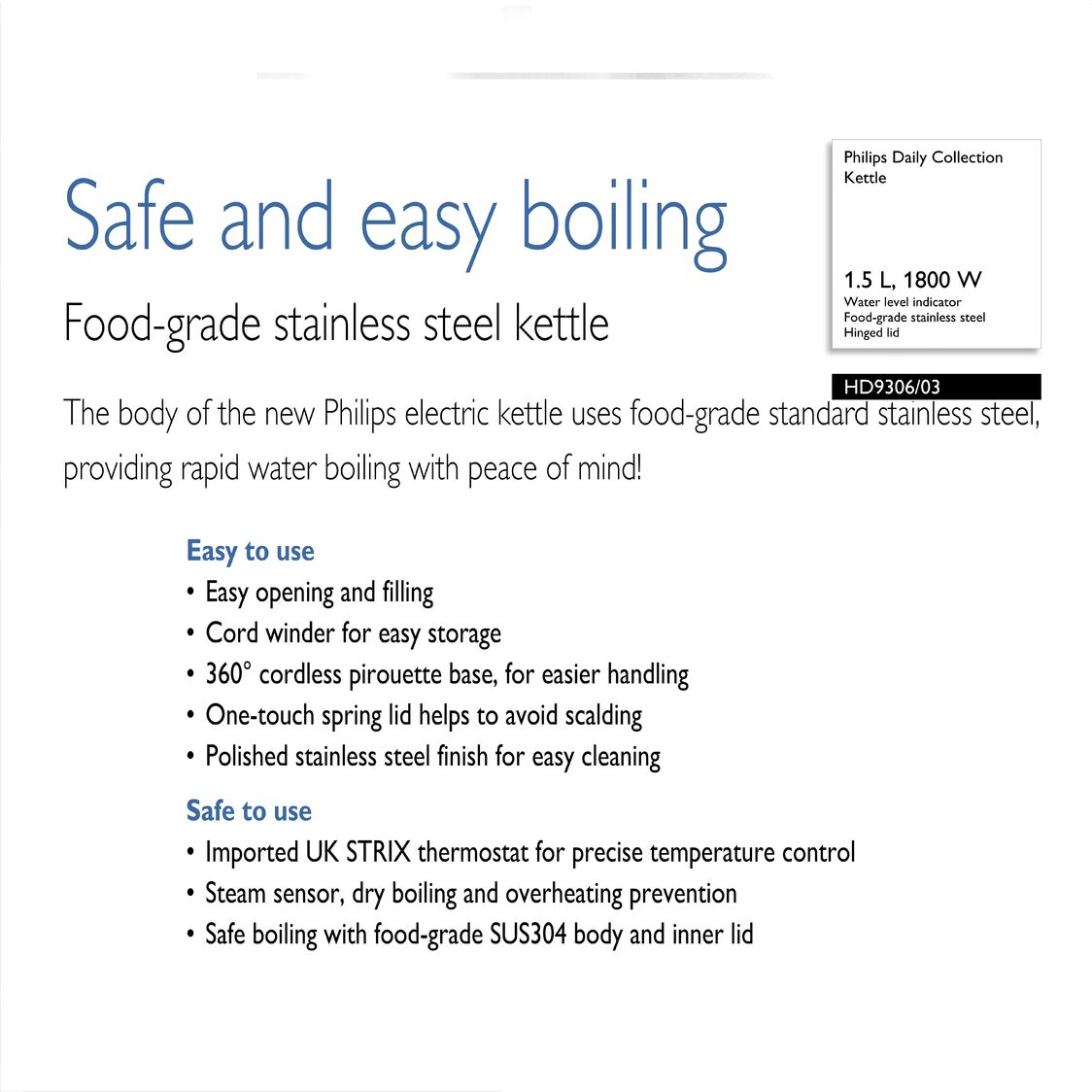 Philips Daily Collection Stainless Steel Kettle 1.5L,1800W (HD9306/03)