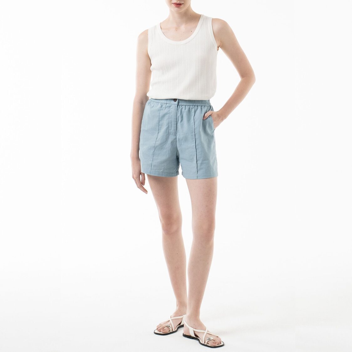 K/Woods Essential Linen Shorts in Teal Blue