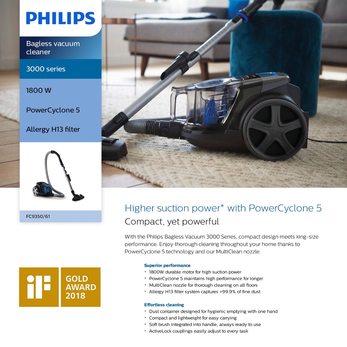 Philips PowerPro Compact Bagless Vacuum Cleaner 1800W (FC9350/61)