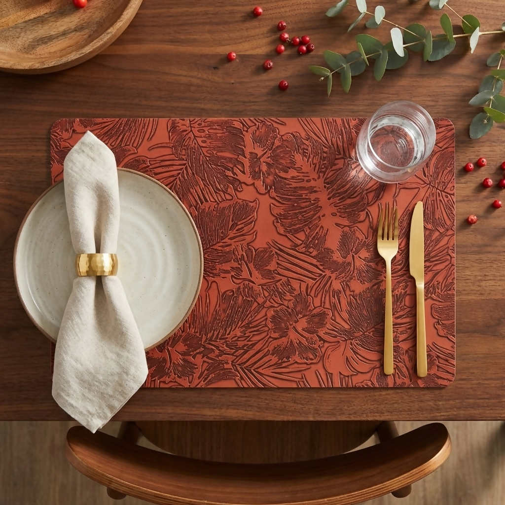 Rapee BARS Embossed PU Placemat – Monstera Leaf Design – 30 x 45 cm – Red