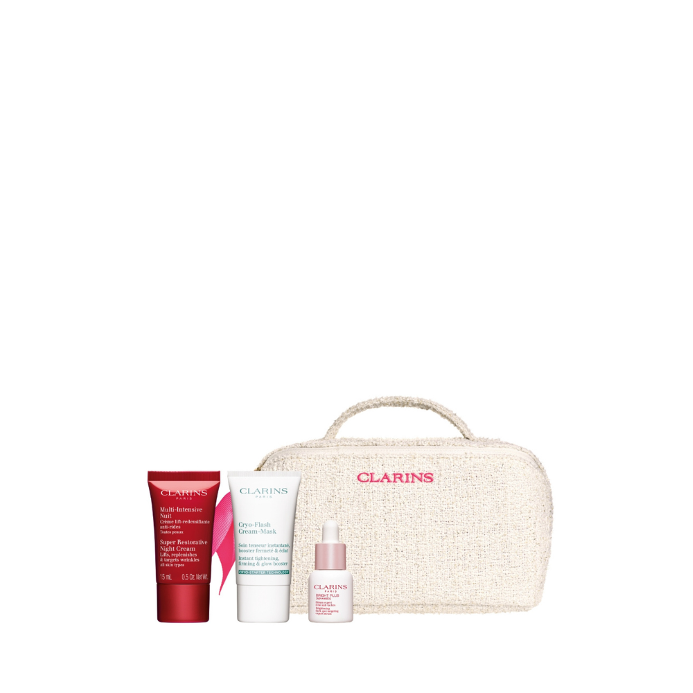 Receive additional 1pc gift + Vanity Bag + 2pcs (Worth $183) with $400 nett spend on Clarins (Gift with Purchase)