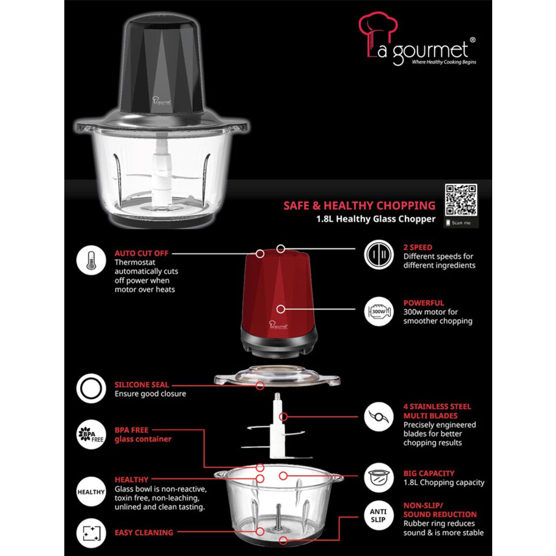 La Gourmet Healthy Glass Food Chopper 1.8L 300W Black LGELGC359650