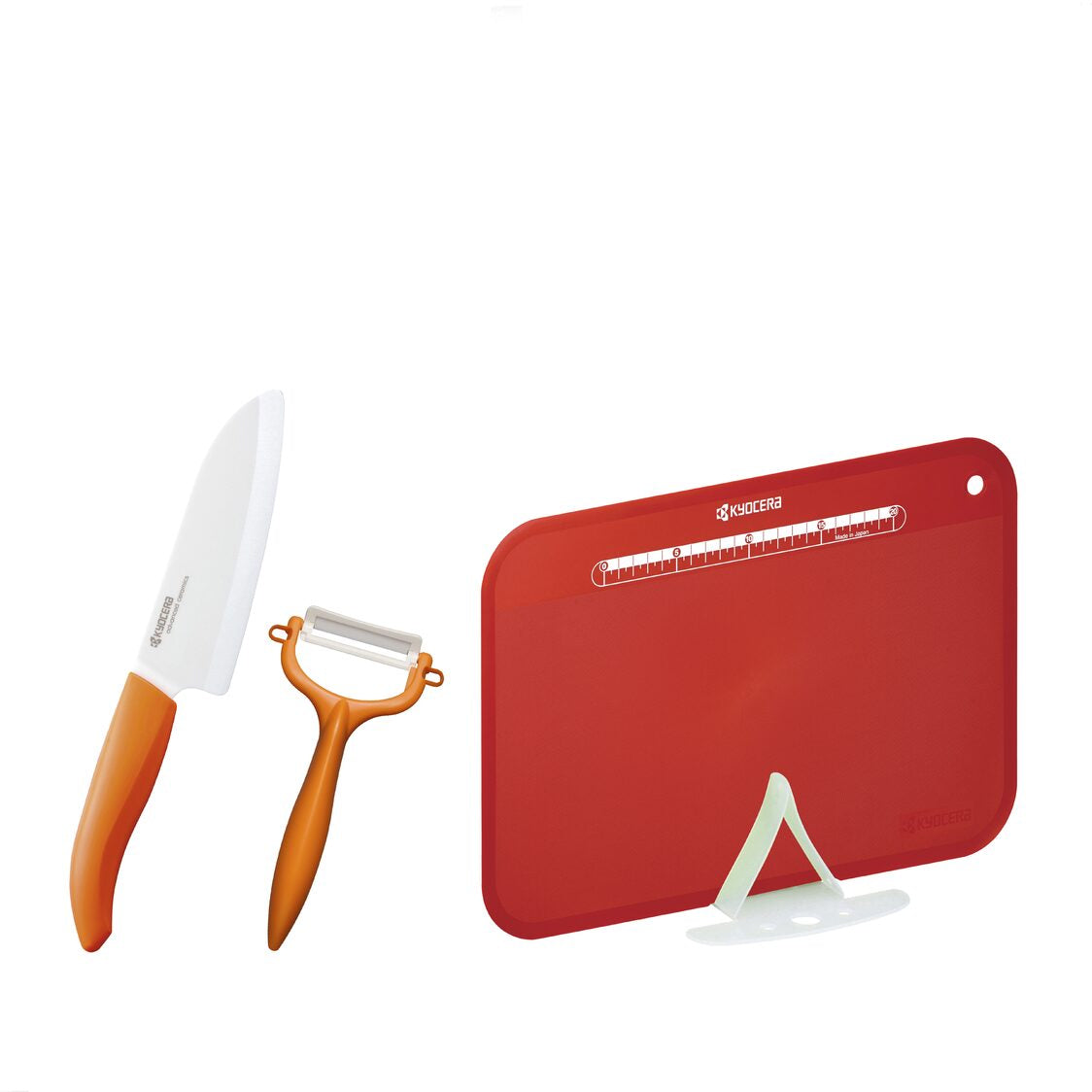 KYOCERA 5.5" Advanced Ceramic Santoku Knife & Peeler & Cutting Board Set (FK140WH-CP10NOR & CC-100RD)