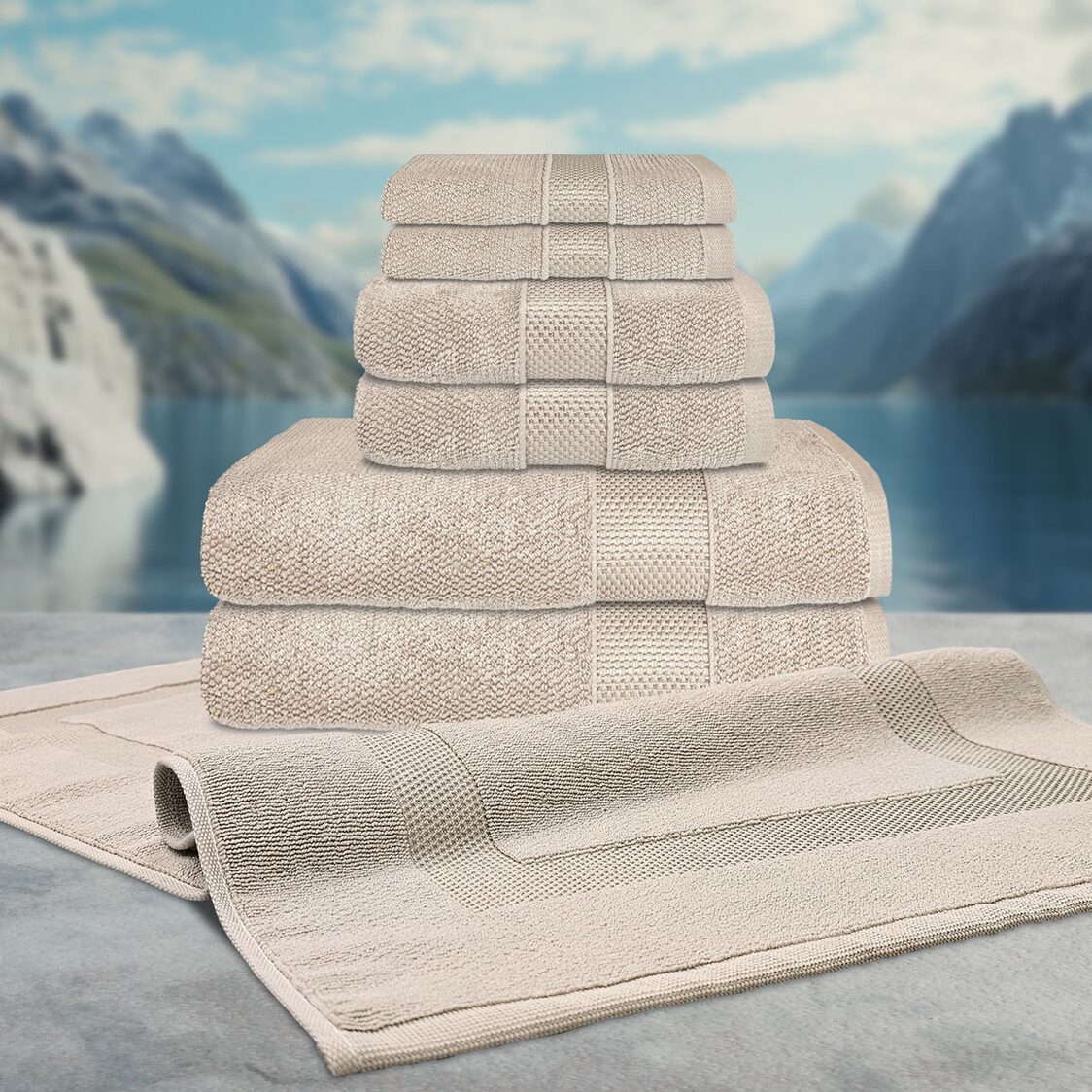 Signature Collection Cora The Voiage Turkish EVO SPUN 7 PC Exquisite set ( 2 Face Towel + 2 Hand Towel + 2 Bath Towel + 1 Terry Mat ) - Nobel Taupe
