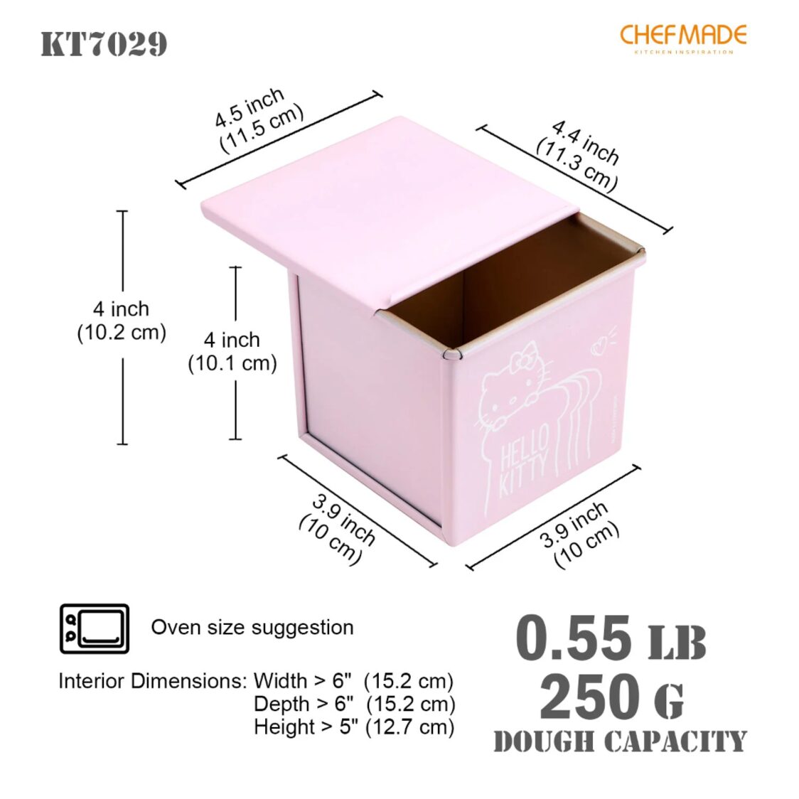 Chefmade Non-Stick Square Cake Loaf Pan With Cover L11.3Xw11.3xH10.1cm Pink Hello Kitty (1898cm-KT7029)