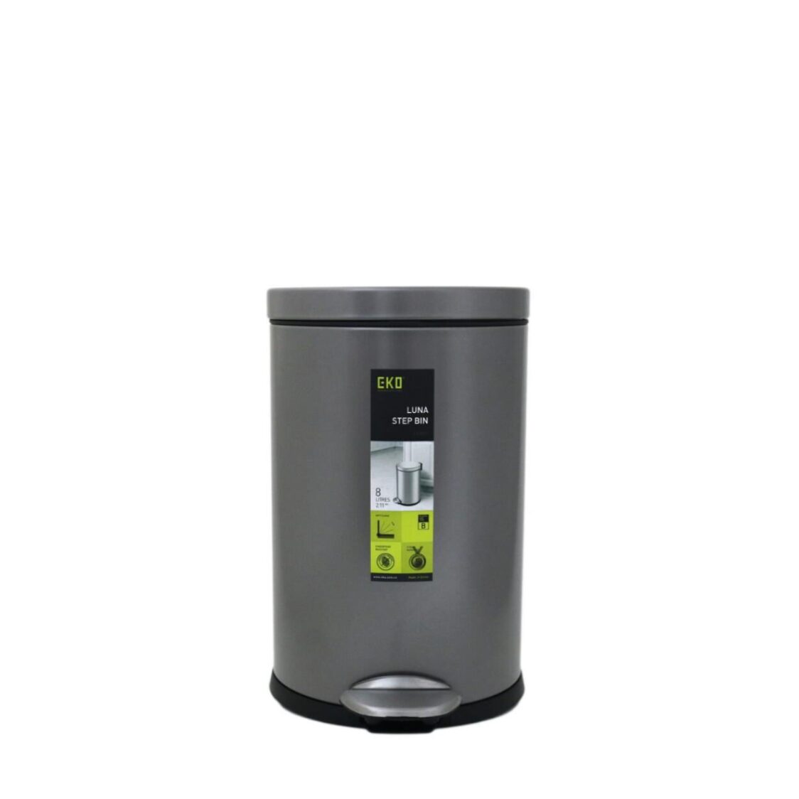 EKO Stainless Steel Step Bin With Soft Closing Lid 8L Titanium Grey Luna EK9219-8-TG