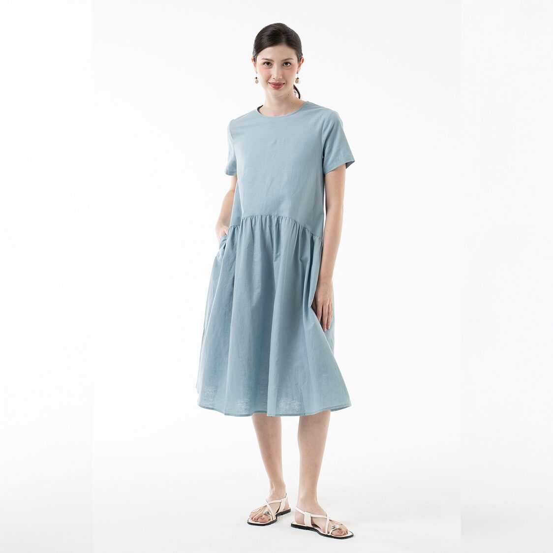K/Woods Effortless Gathered Midi Dress in Teal Blue