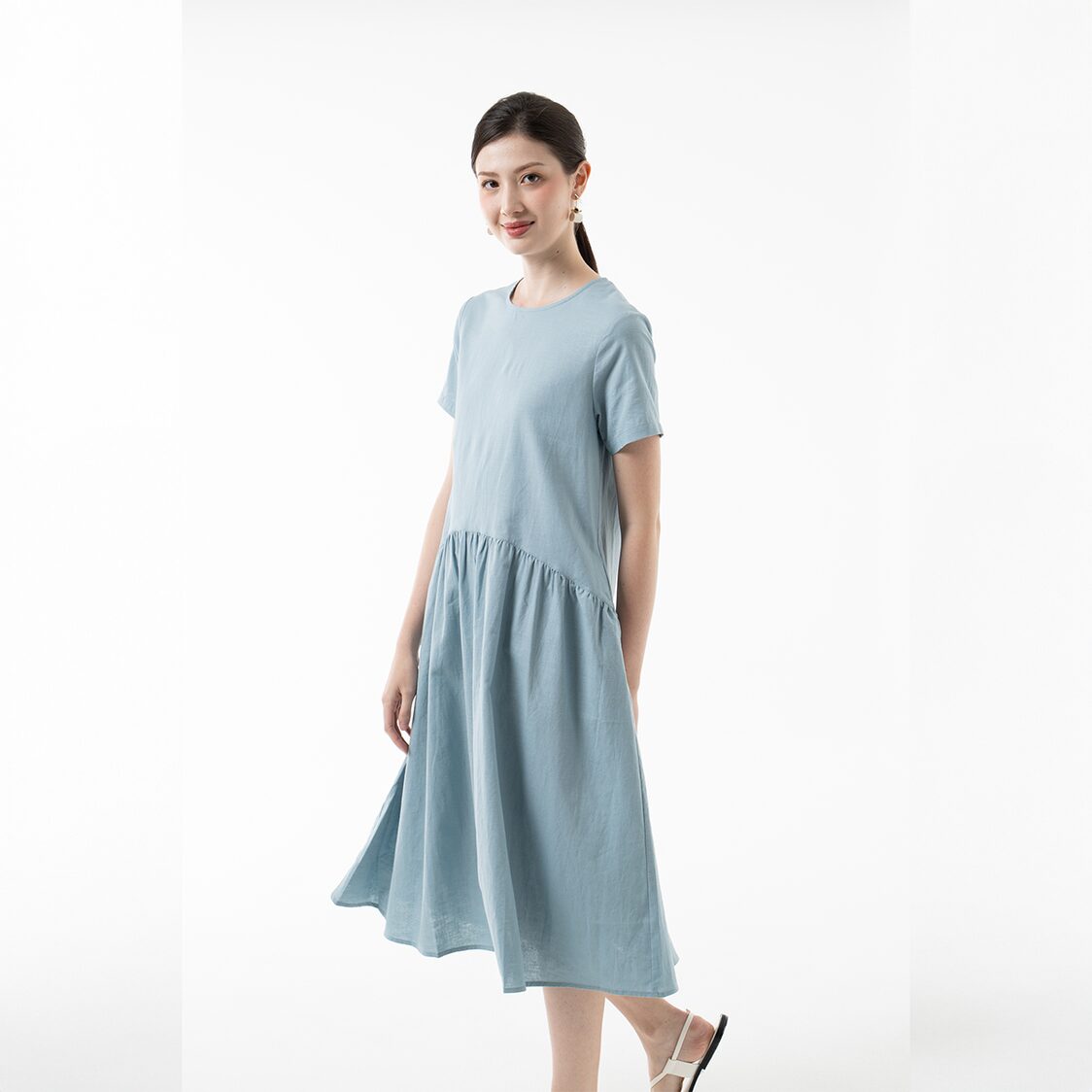 K/Woods Effortless Gathered Midi Dress in Teal Blue