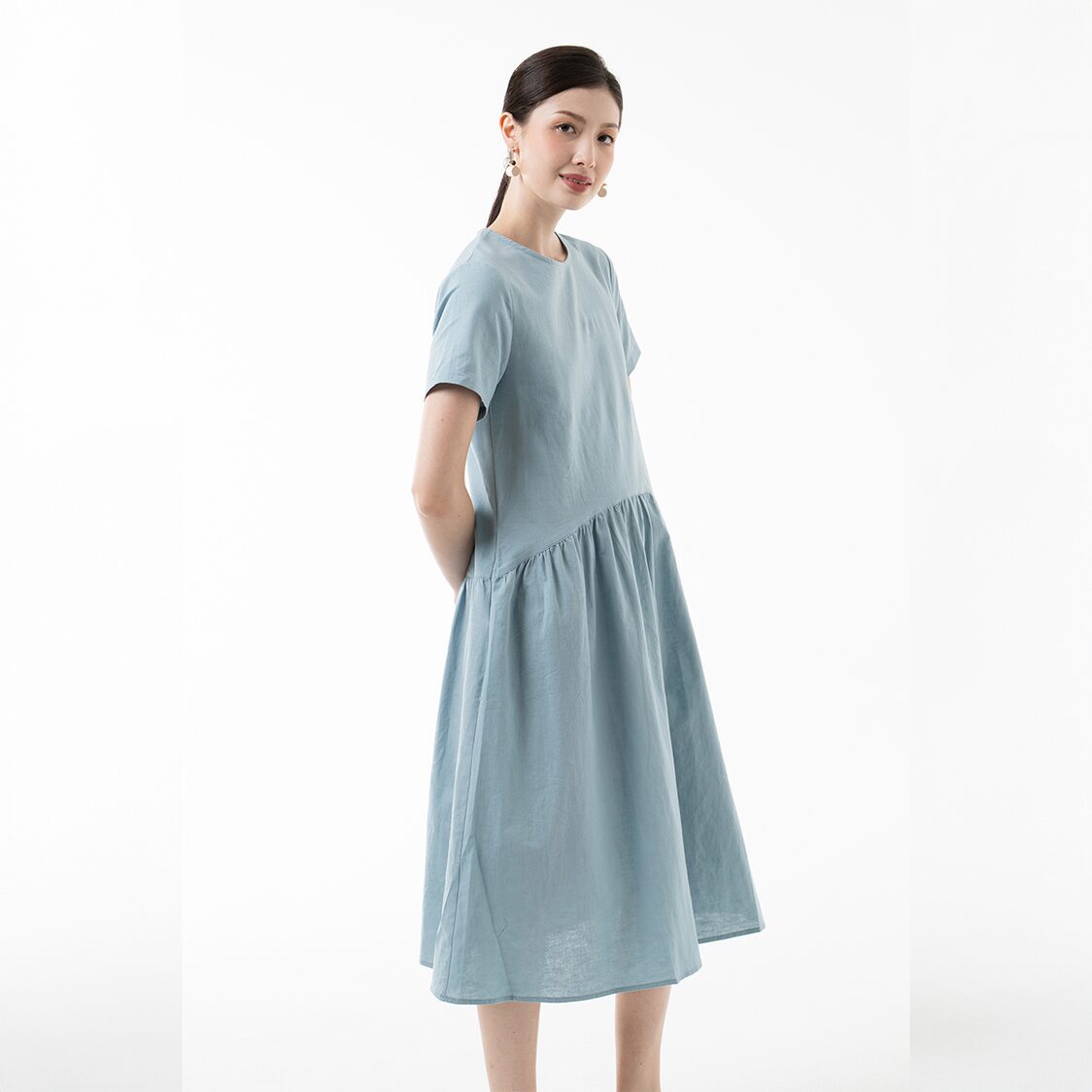 K/Woods Effortless Gathered Midi Dress in Teal Blue