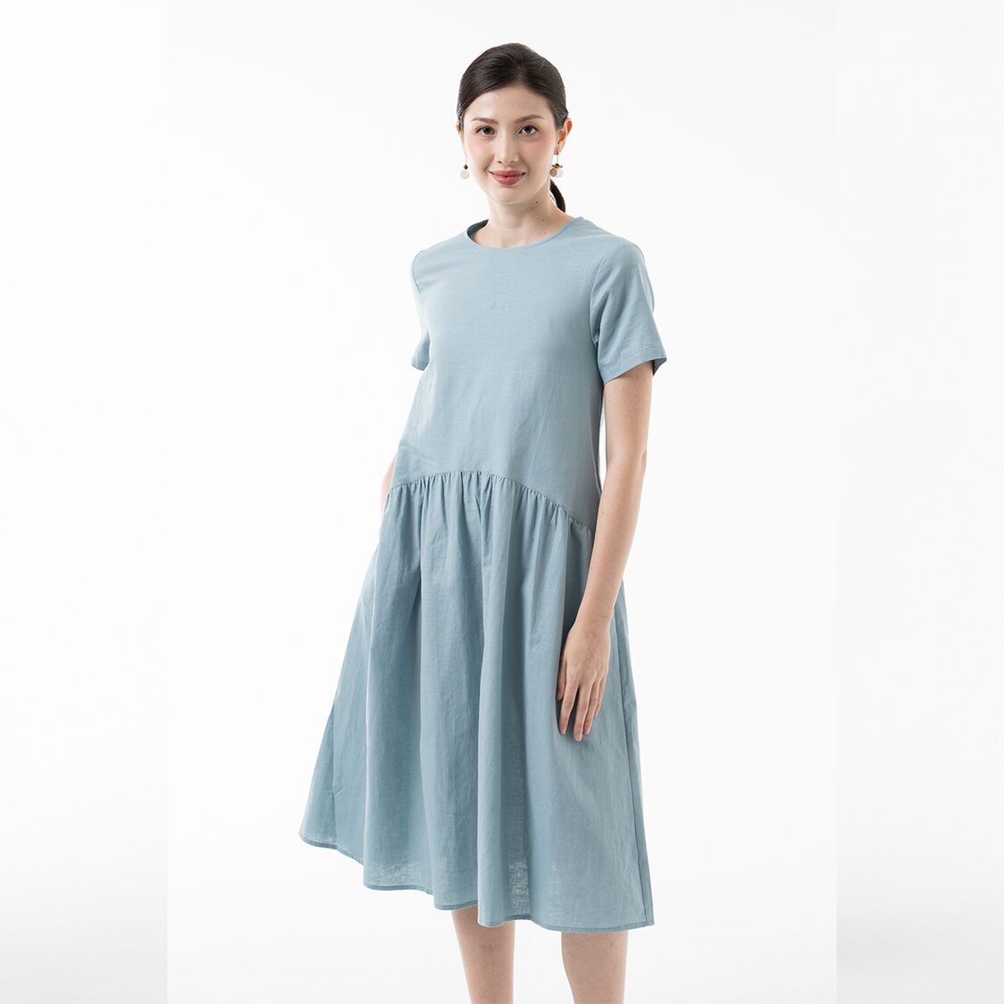 K/Woods Effortless Gathered Midi Dress in Teal Blue
