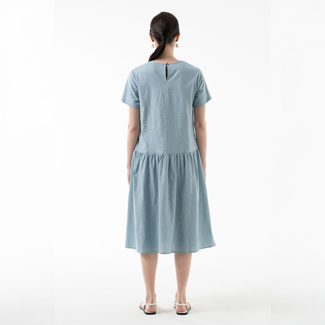 K/Woods Effortless Gathered Midi Dress in Teal Blue