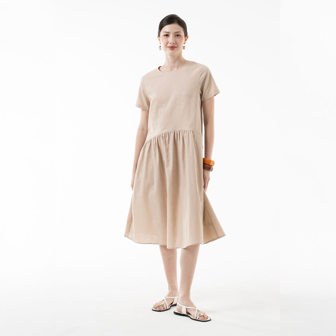 K/Woods Effortless Gathered Midi Dress in Natural
