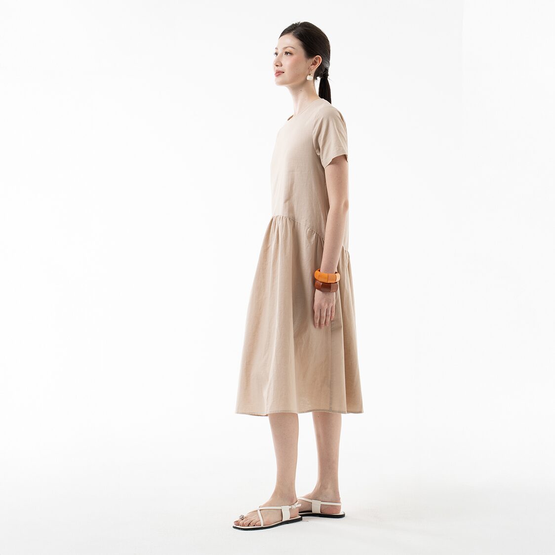 K/Woods Effortless Gathered Midi Dress in Natural