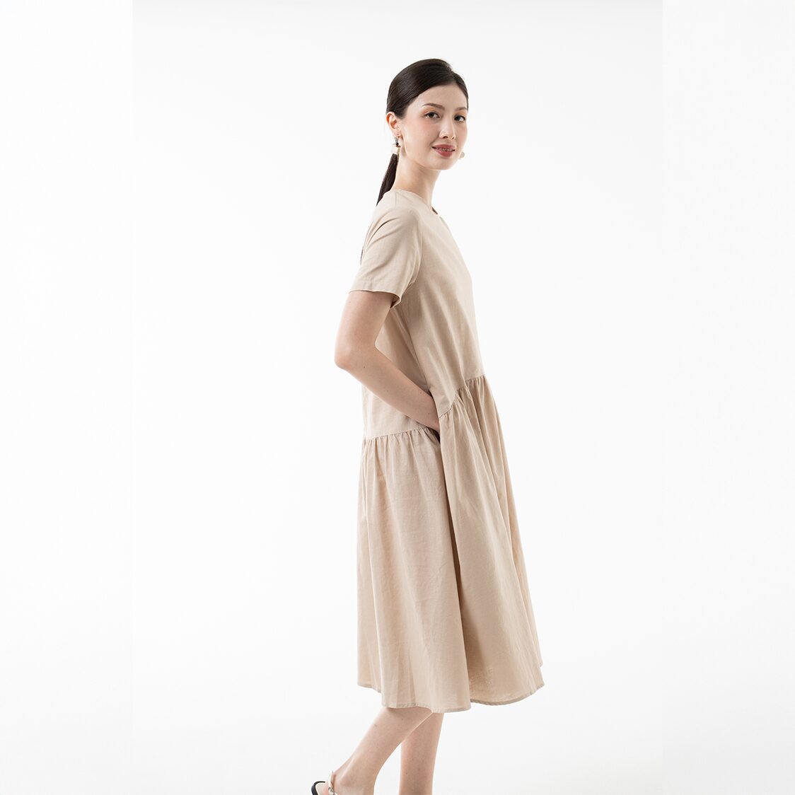 K/Woods Effortless Gathered Midi Dress in Natural